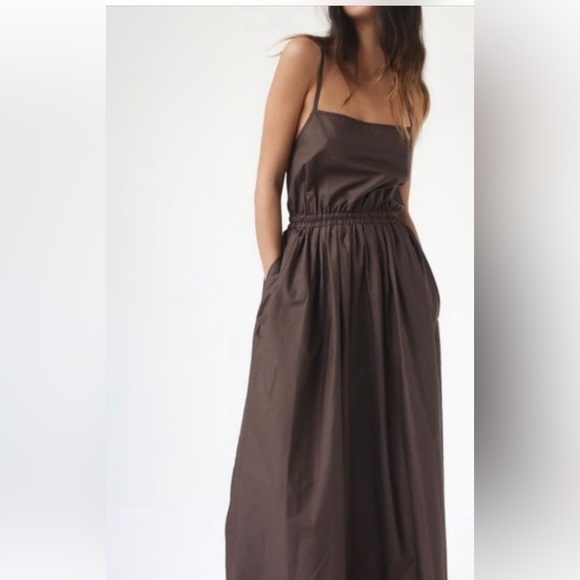 Matteau Gathered Brown Cotton Poplin Maxi Dress - Picture 2 of 15